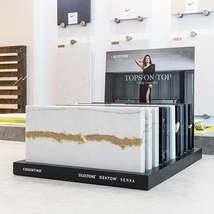 Quartz worktop stone samples on display at the LBS showroom in Sussex