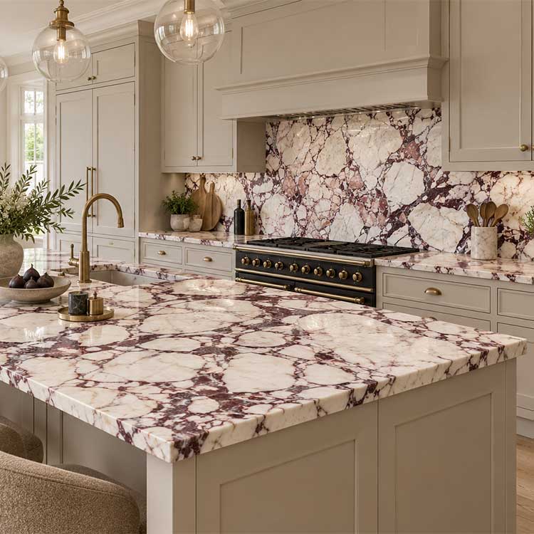 Shaker style kitchen and island with red Viola marble worktops - ai image